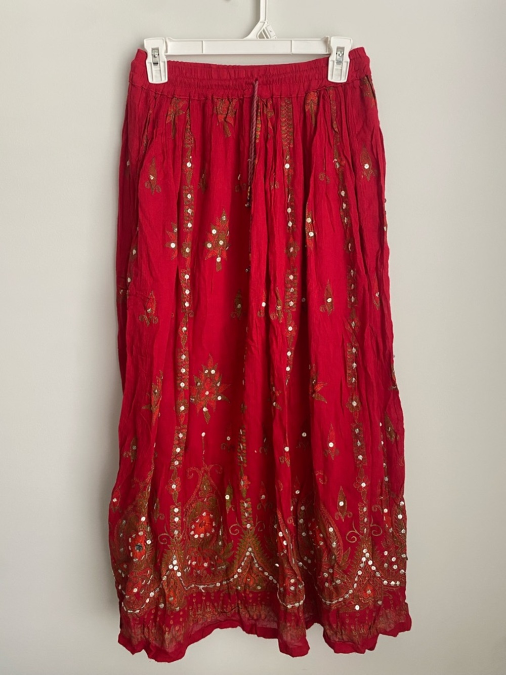 EarthBound Red Embellished Boho Maxi Skirt